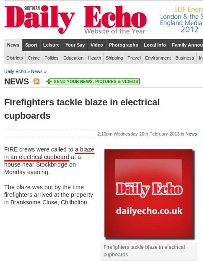 Local newspaper item about a fire in an electrical cupboard