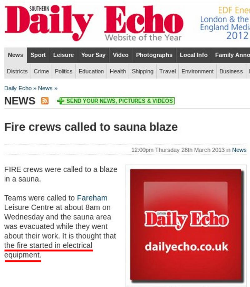 Local newspaper item about a fire in a sauna, caused by an electrical fault