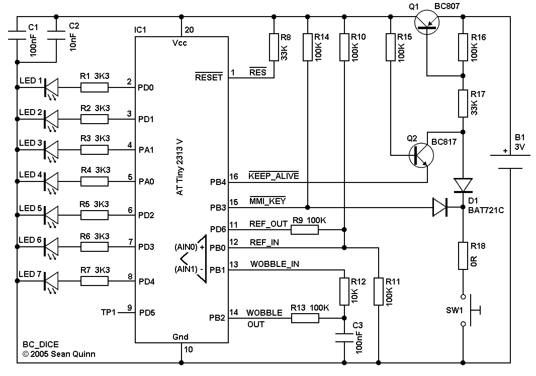 Circuit diagram for the novelty dice game shown above