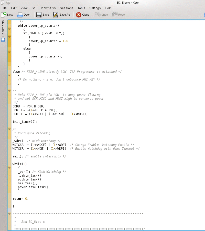 Editor window showing the source code for the dice project