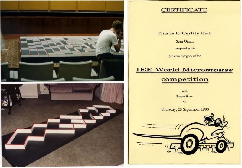 The actual maze from the 1993 competition, our smaller test track and Simon's certificate
