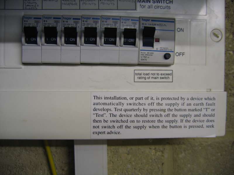 A late 1980s consumer unit where an RCD is used as the main switch