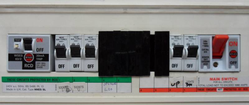 A late 1970s consumer unit with RCD protection for the circuits with 13A sockets