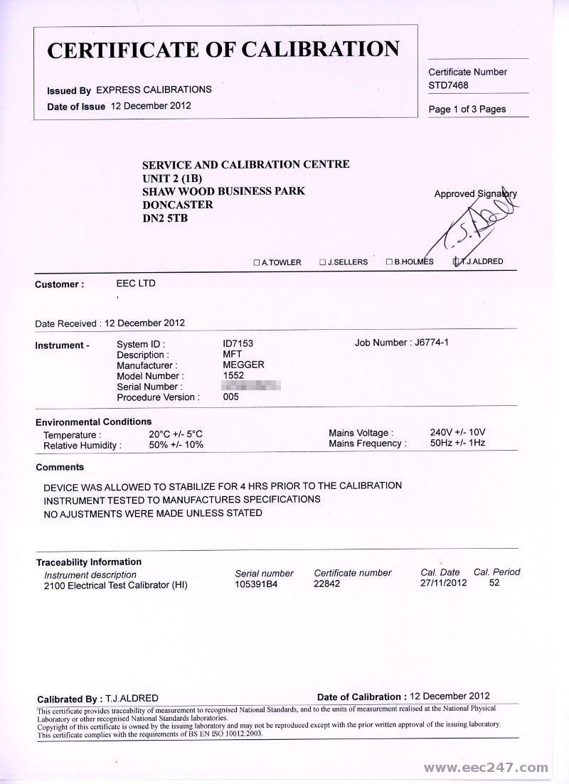 MFT calibration certificate page 1