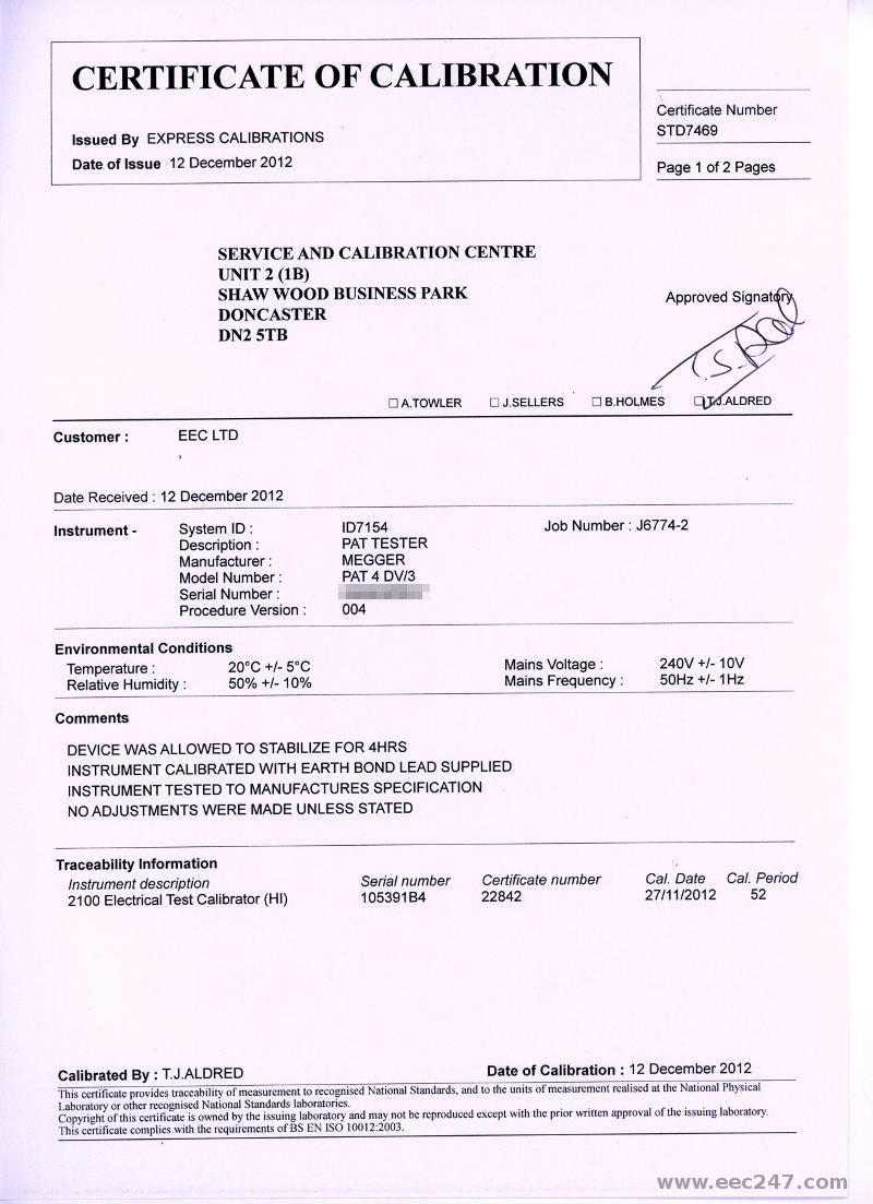 PAT tester calibration certificate page 1