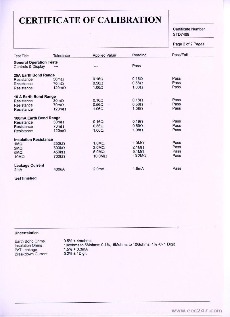 PAT tester calibration certificate page 2