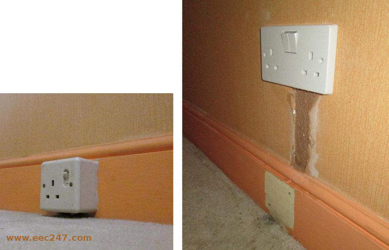 Move a surface mounted single socket off the skirting board and replace with a flush mounted double socket at an appropriate height