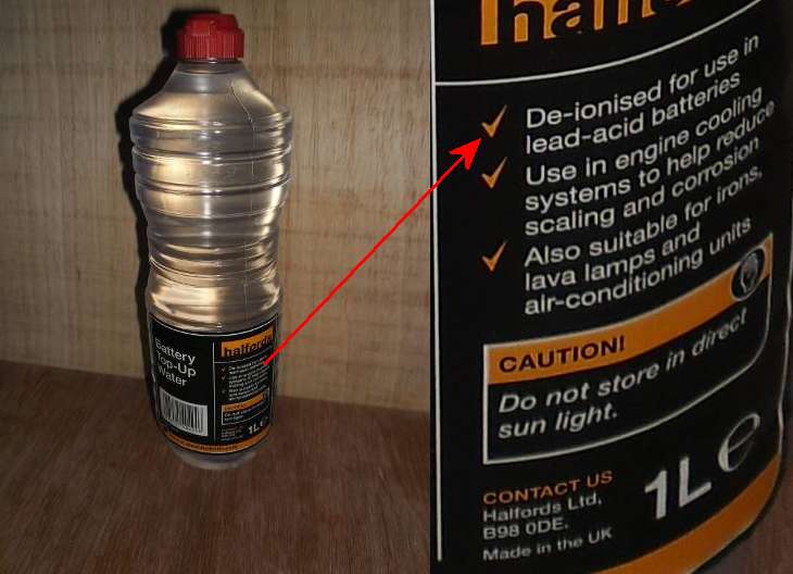 Details of the de ionised water used for the experiment