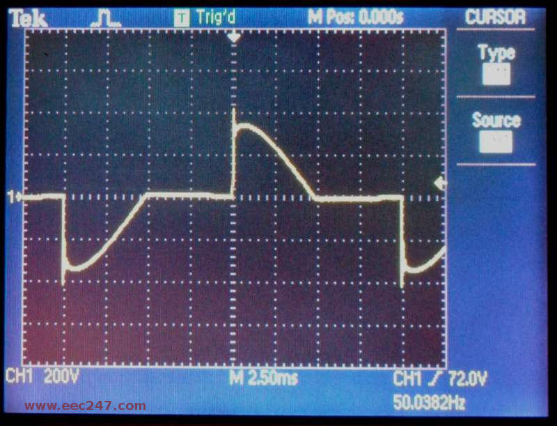 Photograph of leading edge dimmer signal with dimmer set to mid position