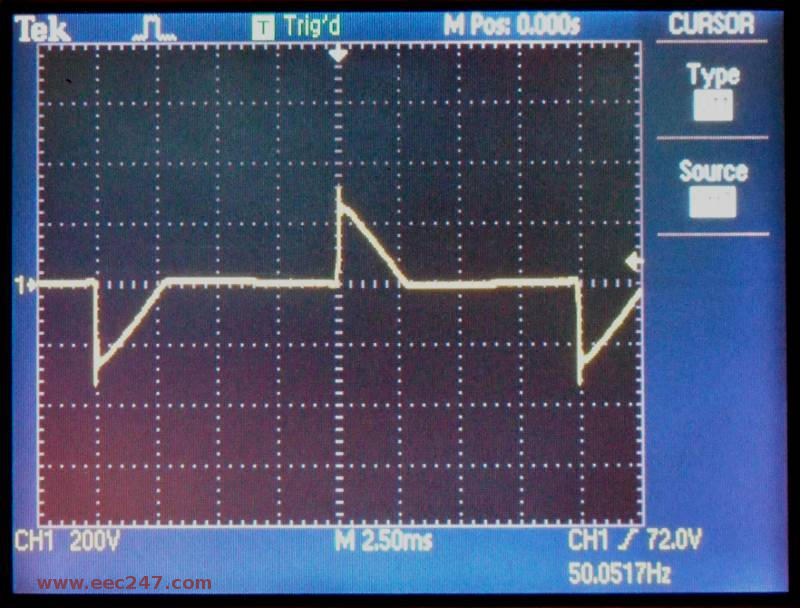 Photograph of leading edge dimmer signal with dimmer set to minimum