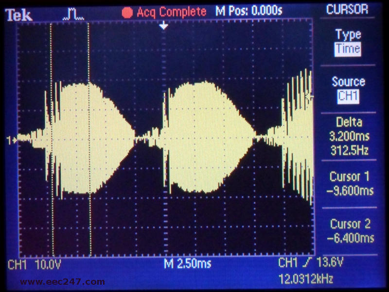 Photograph of a leading edge dimmer signal through an electronic transformer with the dimmer set to max position