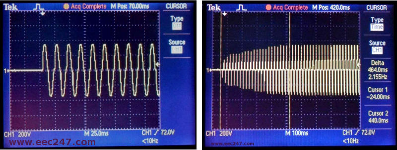 Photograph of leading edge and trailing edge dimmer signals at startup