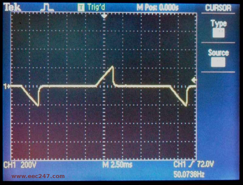 Photograph of trailing edge dimmer signal with dimmer set to min position