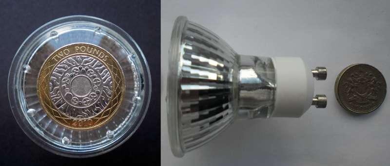 photograph of a halogen GU10 capsule compared to coins