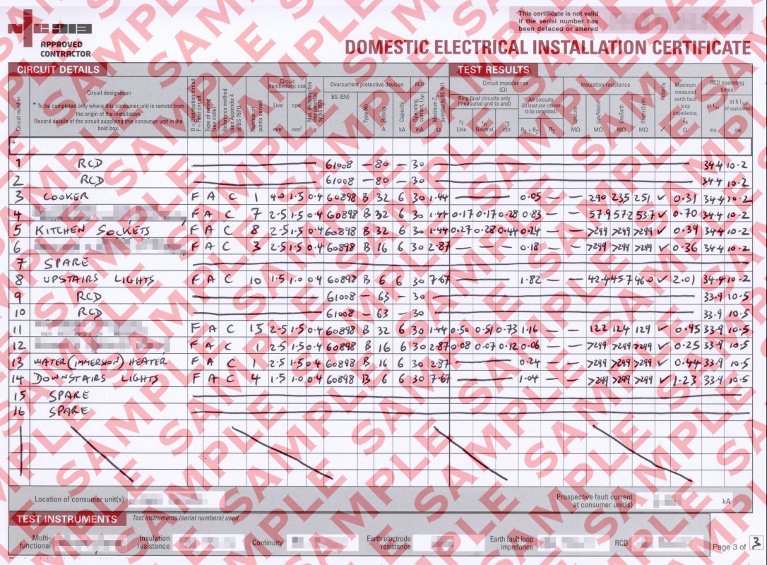 Scanned image of a completed Domestic Electrical Installation Certificate, Page 3