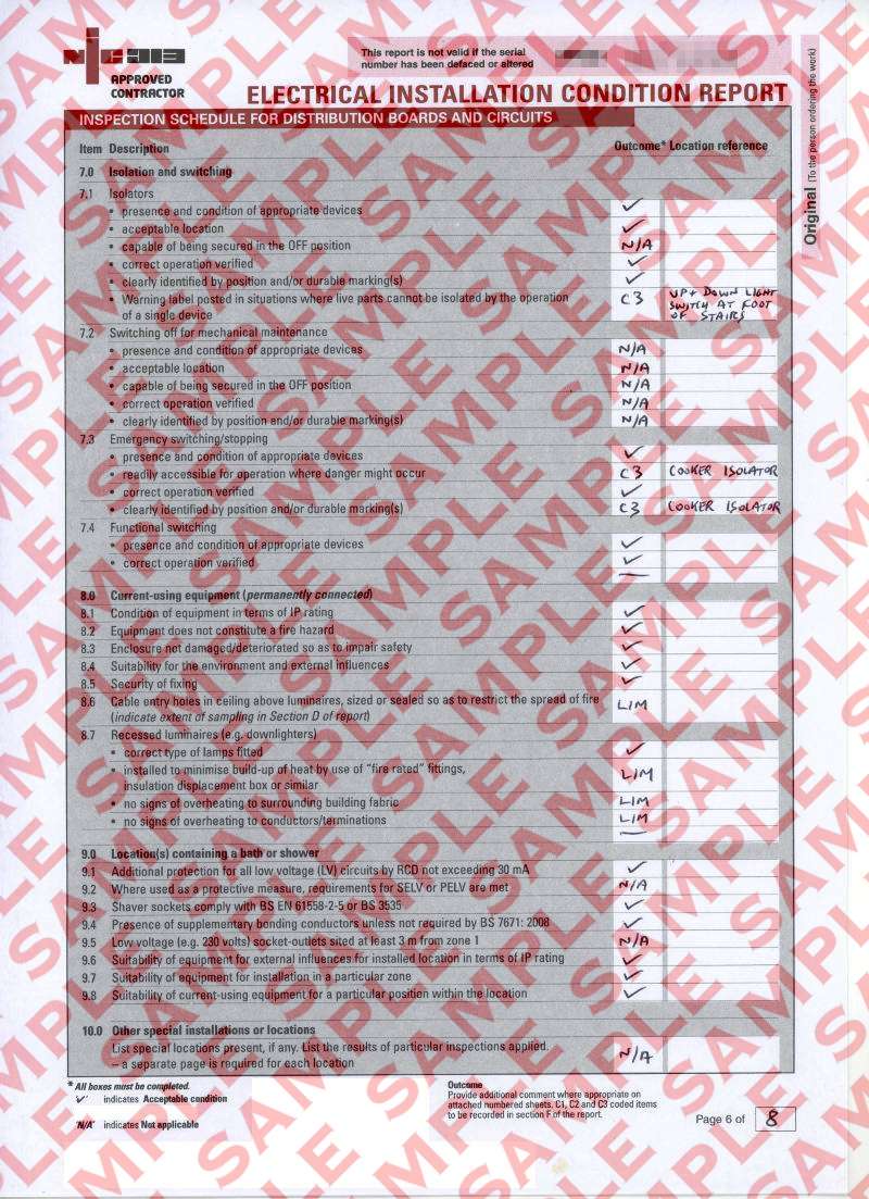 Scanned image of a completed Electrical Installation Condition Report, Page 6