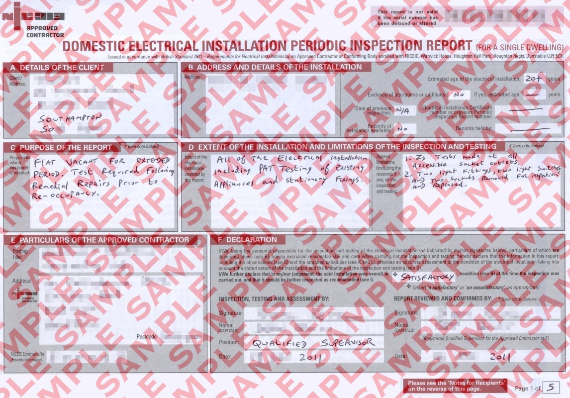 Scanned image of a completed Domestic Electrical Installation Periodic Inspection Report, Page 1