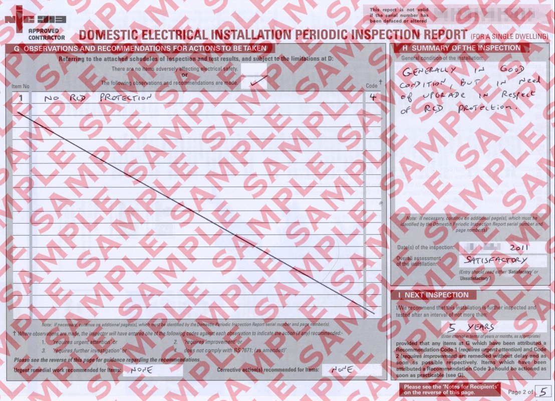 Scanned image of a completed Domestic Electrical Installation Periodic Inspection Report, Page 2