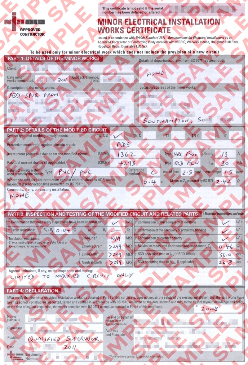 Scanned image of a completed Minor Electrical Installation Works Certificate